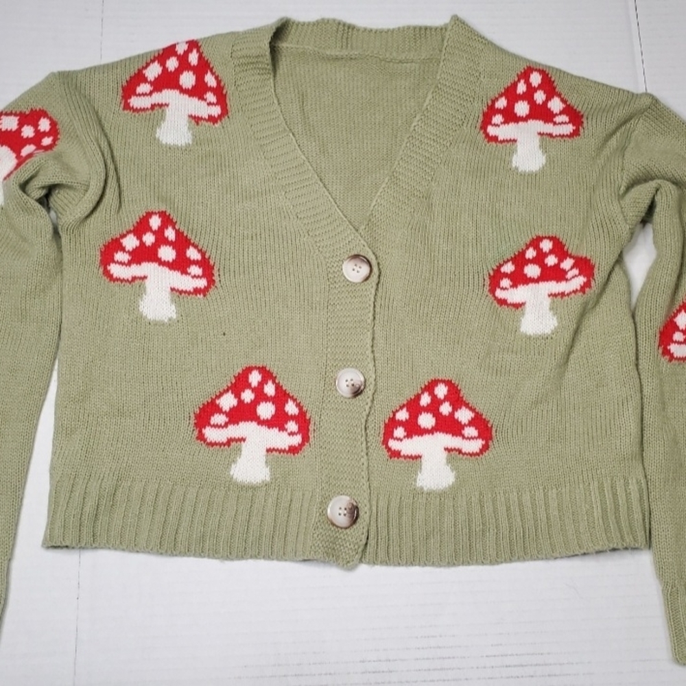 Sage Green Mushroom-Print Button-Front Cardigan Sweater XS